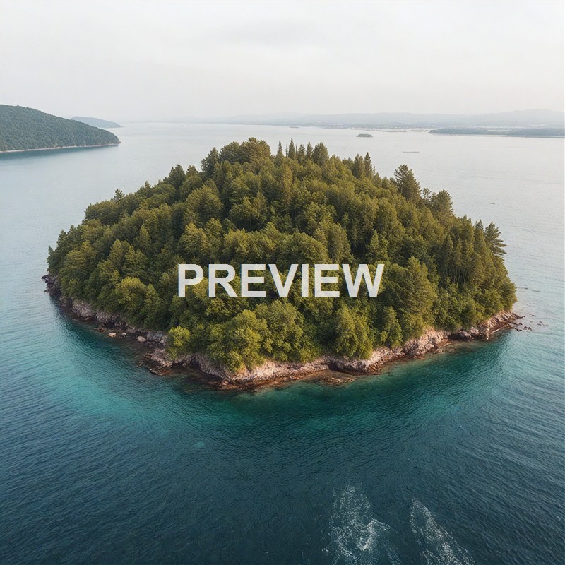 An aerial view of a small, densely forested island surrounded by calm, blue-green water, with a distant shoreline and mountains in the background under an overcast sky.